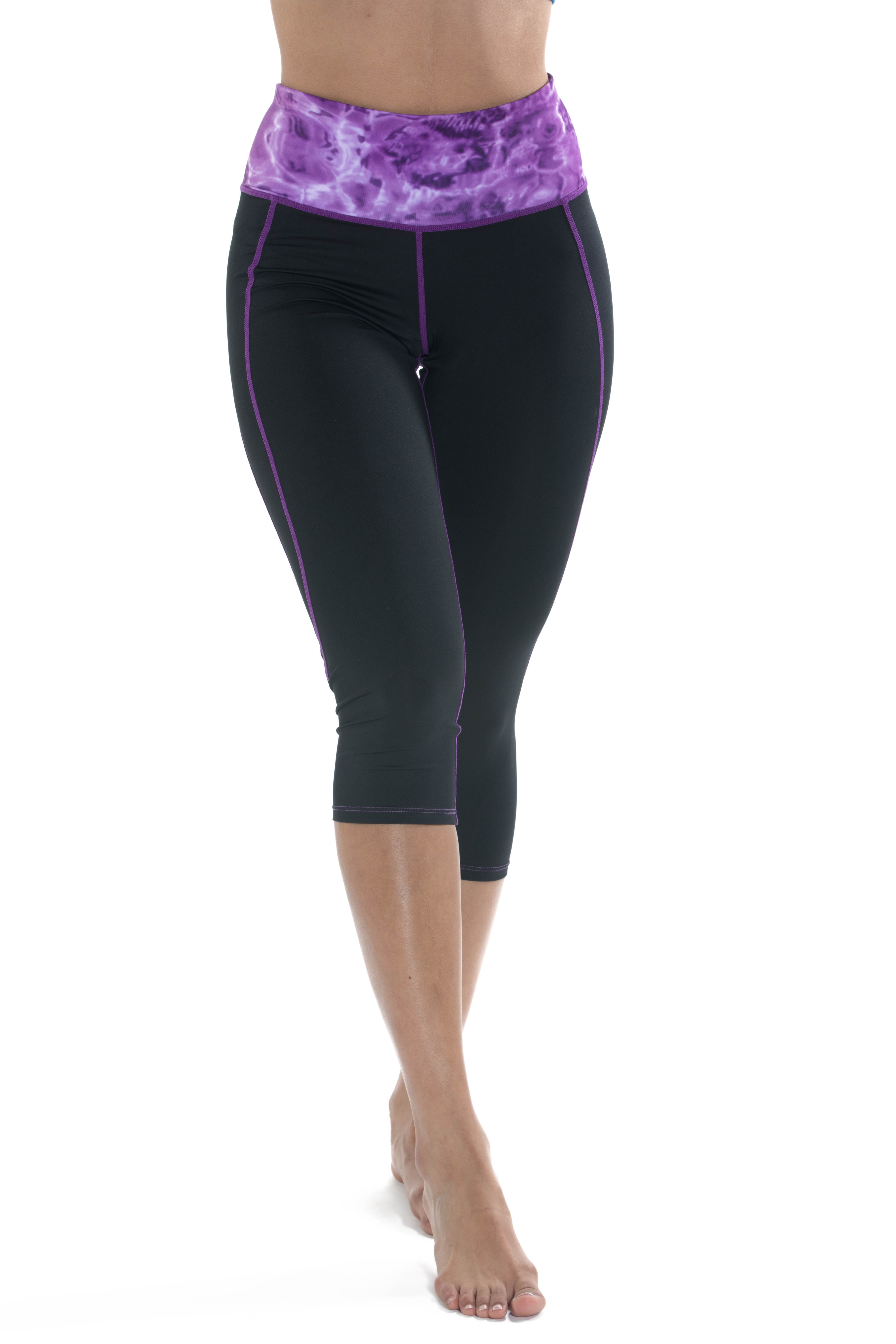 Aqua Design High Waisted Capri Leggings for Women: Black/Liquid Purple size  Small