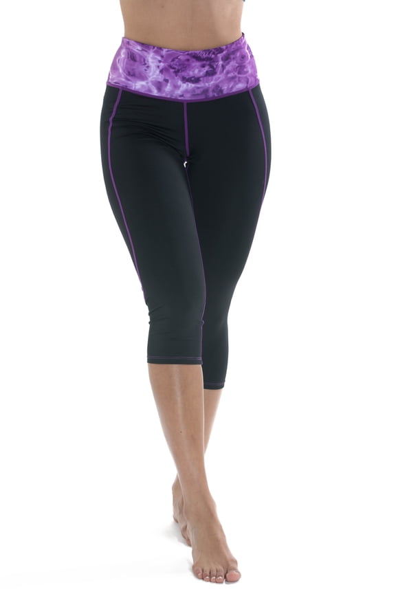 High Waisted Capri Leggings for Women: Black/Liquid Purple size Small