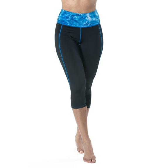Aqua Design High Waisted Capri Leggings for Women: Black/Royal Ripple size Large