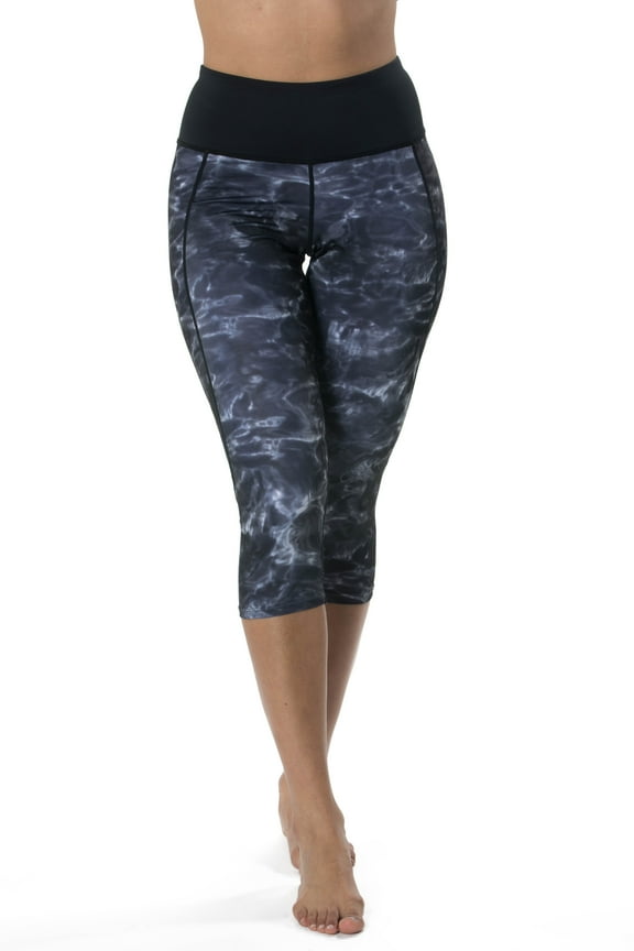 High Waisted Capri Leggings for Women: Black Water/Black size Large