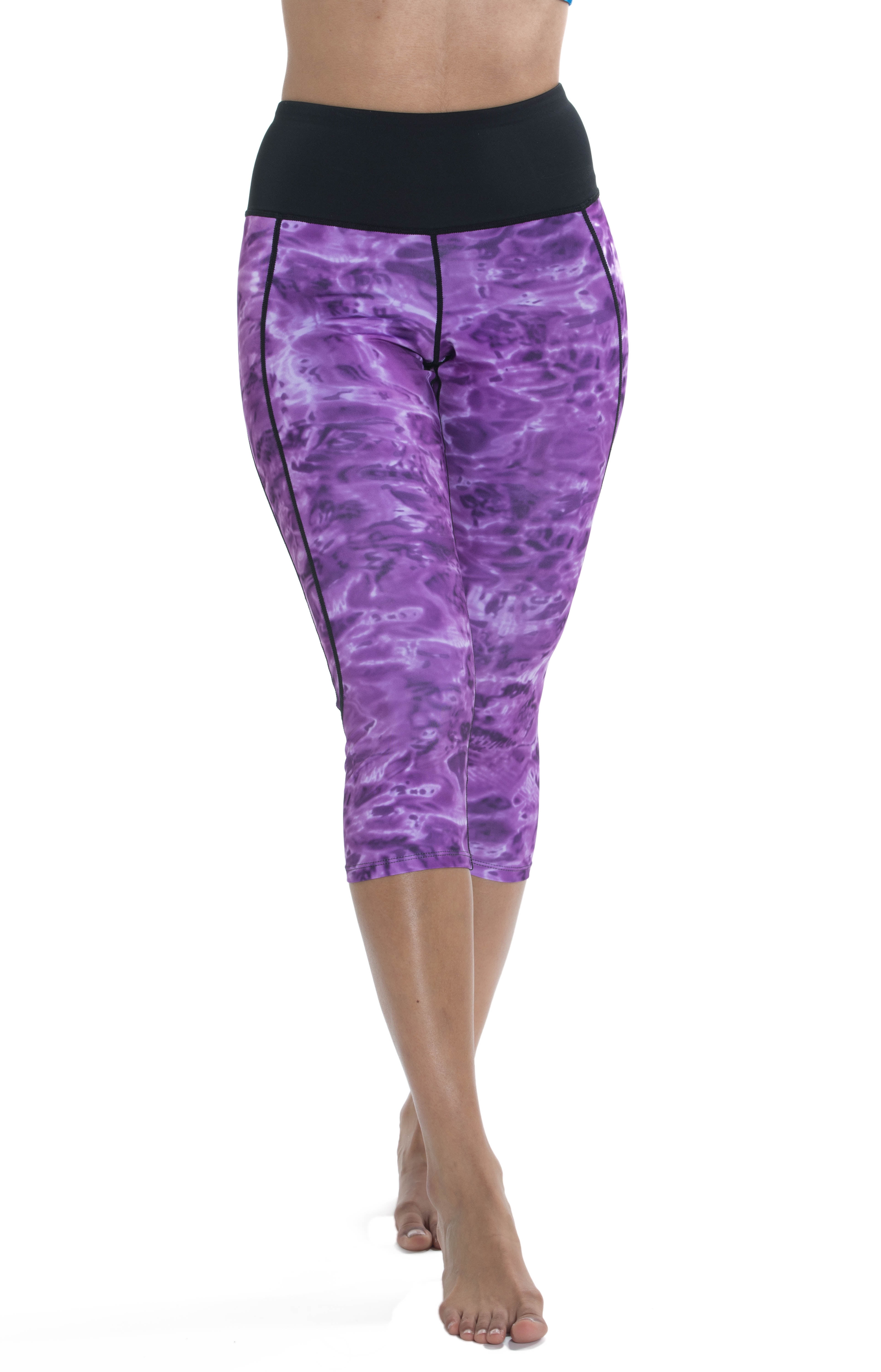 Aqua Design High Waisted Capri Leggings for Women: Liquid Purple/Black size  Medium 