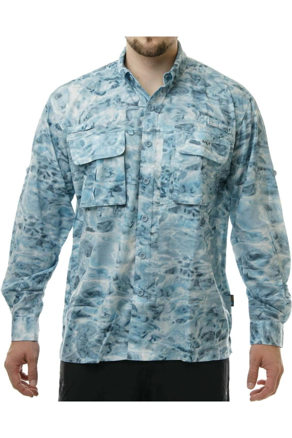 Mens Long Sleeve Voyager Vented Camo Fishing Shirt: Aqua Sky size S