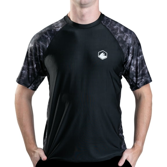 Aqua Design Mens Short Sleeve Rash Guard Shirt: Surf Swim Rashguard Shirts: Black Water/Black size 2X-Large