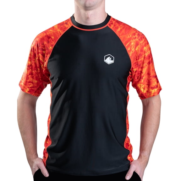 Aqua Design Mens Short Sleeve Rash Guard Shirt: Surf Swim Rashguard Shirts: Liquid Lava/Black size Small