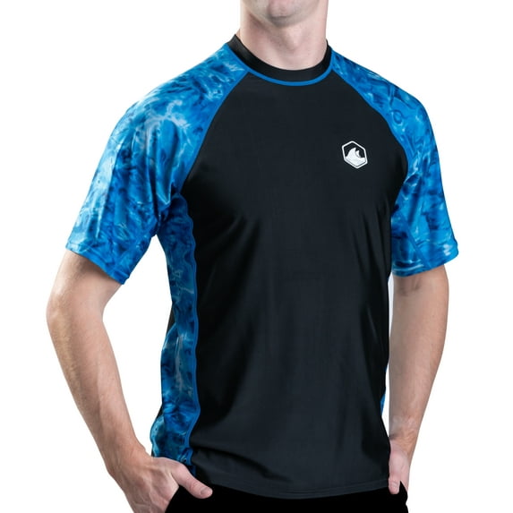 Aqua Design Mens Short Sleeve Rash Guard Shirt: Surf Swim Rashguard Shirts: Royal Ripple/Black size X-Large
