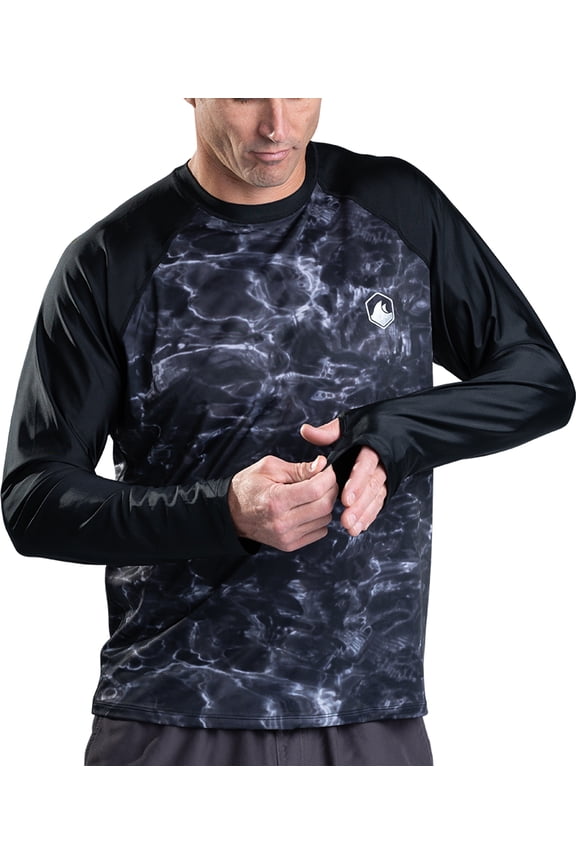 Rash Guard Men Long Sleeve Thumb Hole UPF 50+ Rashguard Swim Shirts: Black Water/Black size 5X-Large