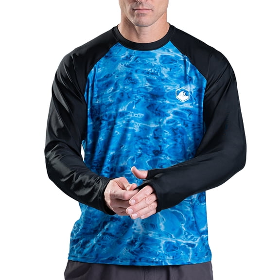 Aqua Design Rash Guard Men Long Sleeve Thumb Hole UPF 50+ Rashguard Swim Shirts: Royal Ripple/Black size X-Small
