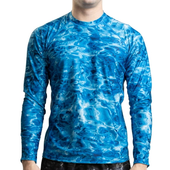 Aqua Design Rash Guard Men: UPF 50+ Long Sleeve Rashguard Swim Shirts for Men: Royal Ripple size X-Small