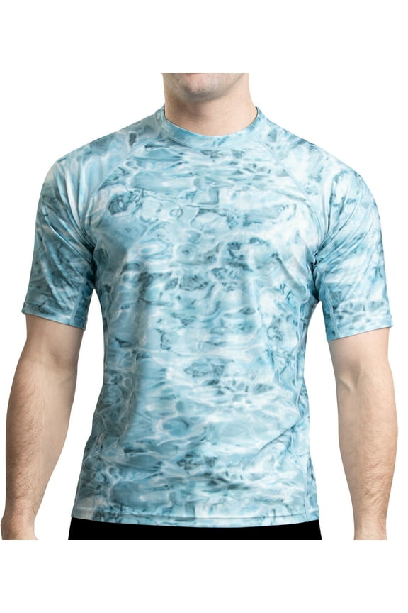 Aqua Design Rash Guard Men: UPF 50+ Short Sleeve Rashguard Swim Shirts for Men: Aqua Sky size 2X-Large