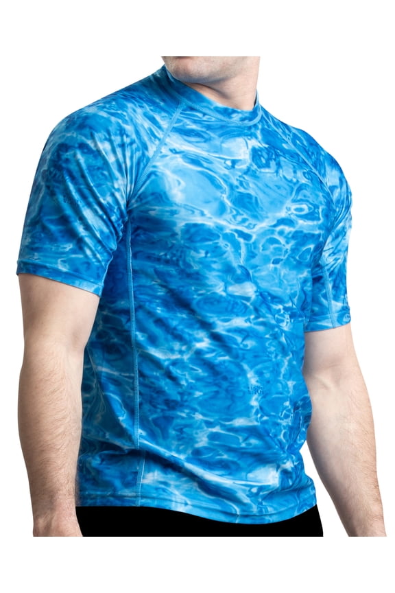 Aqua Design Rash Guard Men: UPF 50+ Short Sleeve Rashguard Swim Shirts for Men: Royal Ripple size Medium