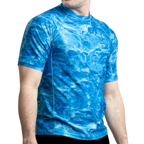 Aqua Design Rash Guard Men: UPF 50+ Short Sleeve Rashguard Swim Shirts for Men: Royal Ripple size X-Small