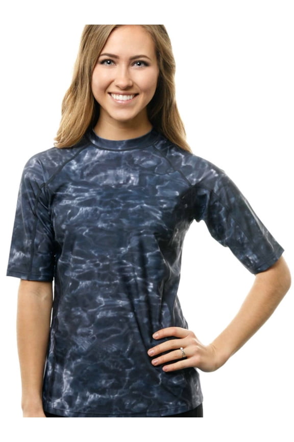 Rashguard Swim Shirts for Women UPF50+ Short Sleeve Rash Guard Shirt: Black Water size Large