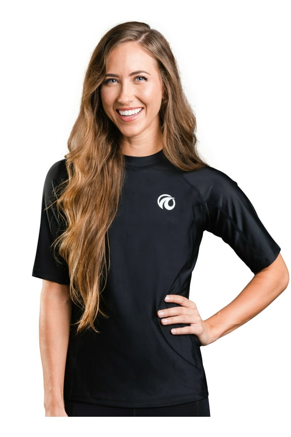 Rashguard Swim Shirts for Women UPF50+ Short Sleeve Rash Guard Shirt: Black size Large