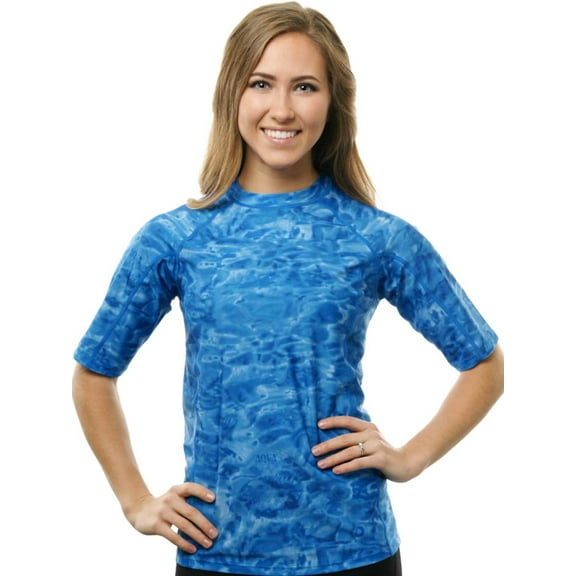 Aqua Design Rashguard Swim Shirts for Women UPF50+ Short Sleeve Rash Guard Shirt: Royal Ripple size Medium