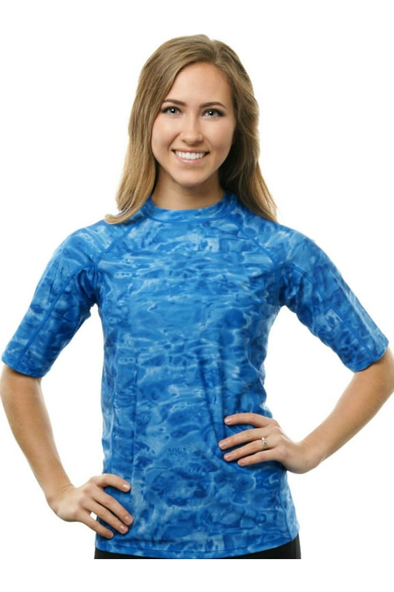 Rashguard Swim Shirts for Women UPF50+ Short Sleeve Rash Guard Shirt: Royal Ripple size XL