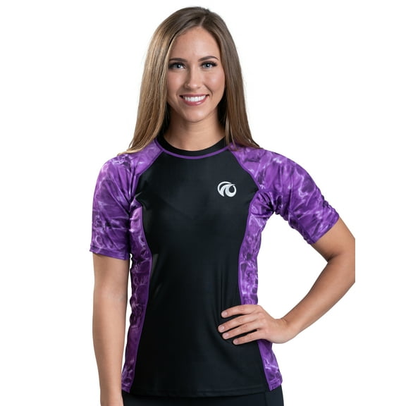 Aqua Design Short Sleeve Rash Guard Women: UPF 50  UV Protection Swim Shirt Top: Liquid Purple/Black size Medium
