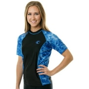 Aqua Design Short Sleeve Rash Guard Women: UPF 50+ UV Protection Swim Shirt Top: Royal Ripple/Black size Medium