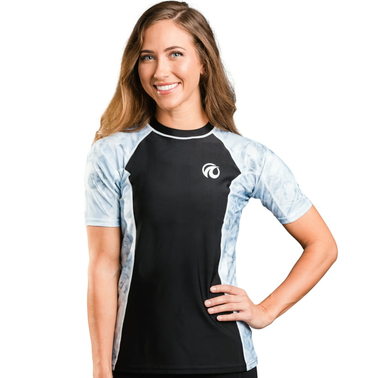 Aqua Design Short Sleeve Rash Guard Women UPF 50 UV Protection Swim Shirt Top White Water Black size 4X Large