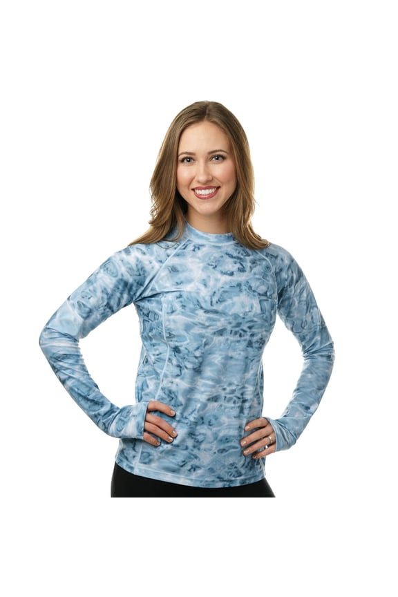 Women Long Sleeve Sun Protection Rash Guard Swim Surf Snorkel Shirt with Thumb Holes: Aqua Sky size M