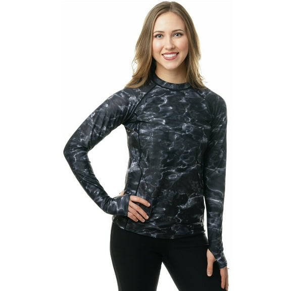 Aqua Design Women Long Sleeve Sun Protection Rash Guard Swim Surf Snorkel Shirt with Thumb Holes: Black Water size M