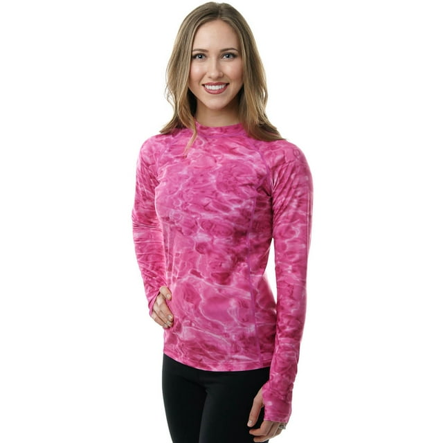 Aqua Design Women Long Sleeve Sun Protection Rash Guard Swim Surf Snorkel Shirt with Thumb Holes: Pink Water size 5XL
