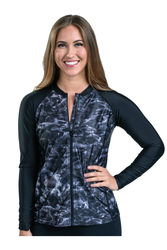 Womens Full Zip Long Sleeve Rash Guard: Front Zipper Swim Shirt: Black Water/Black Size 2X-Large