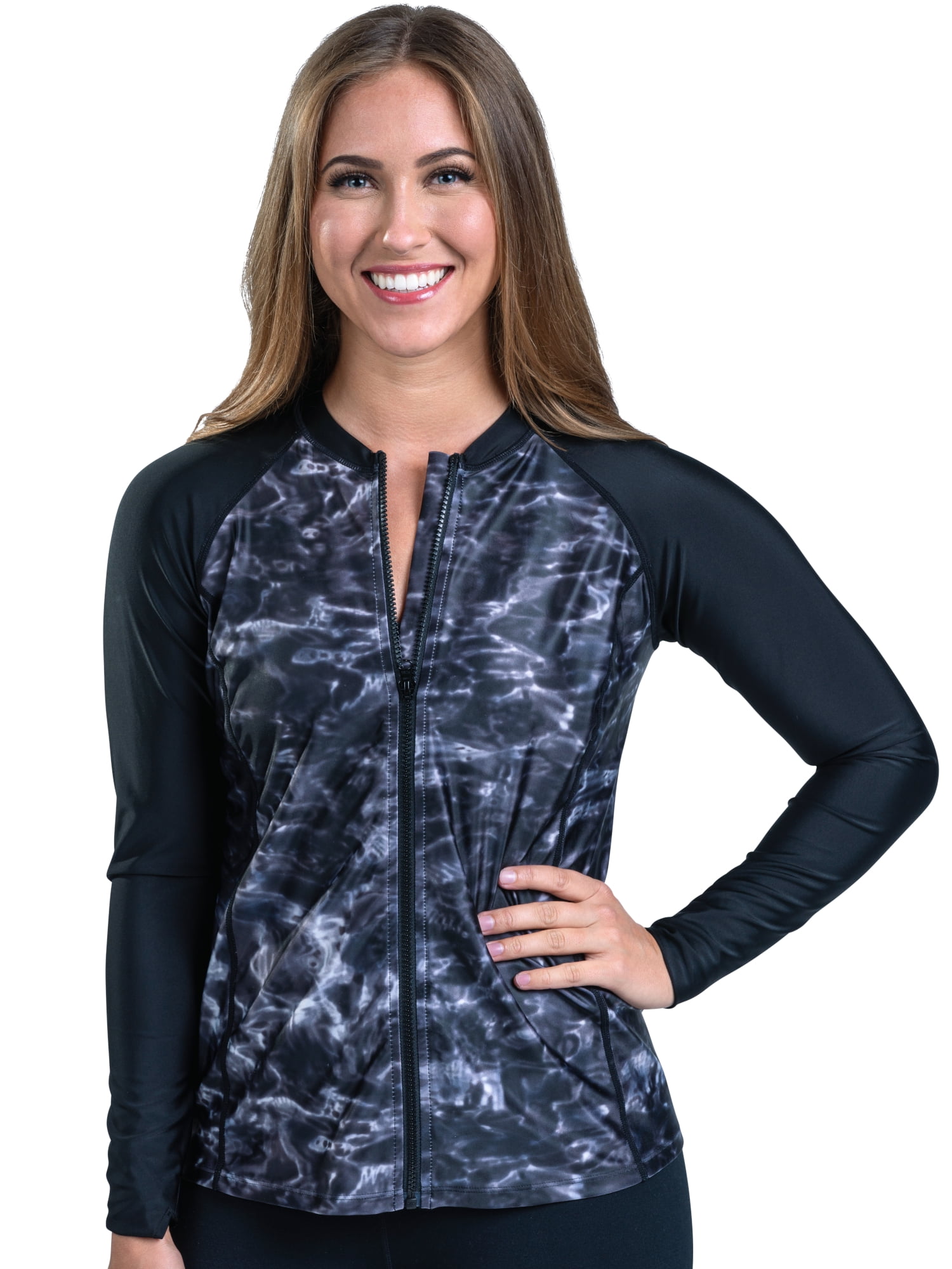Womens Rash Guard Shirts Hooded Swim Shirts with Pockets Zipper Swimsuit Cover Up