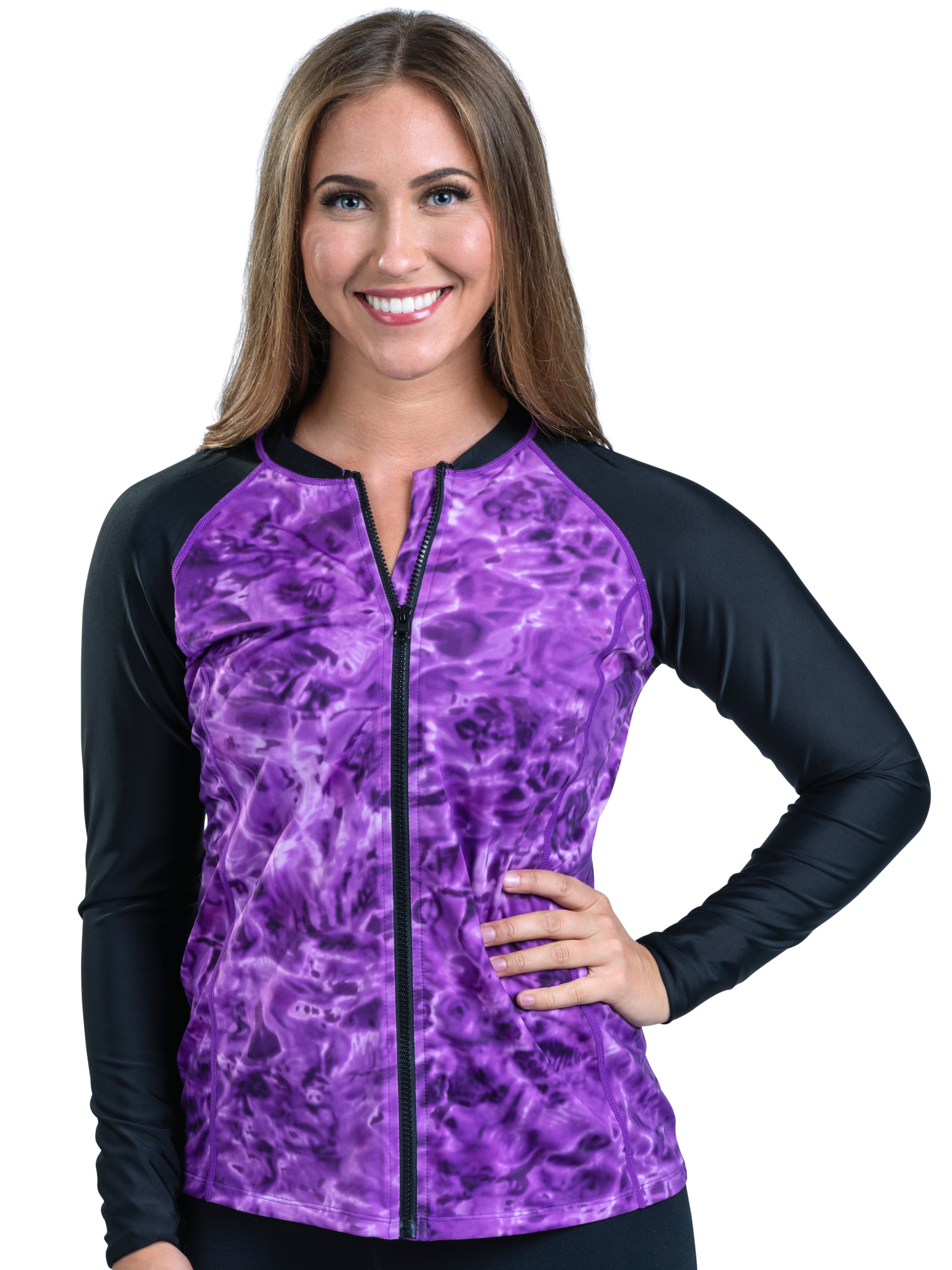 Aqua Design Womens Full Zip Long Sleeve Rash Guard: Front Zipper Swim Shirt: Liquid Purple/Black size 5XL - image 1 of 7