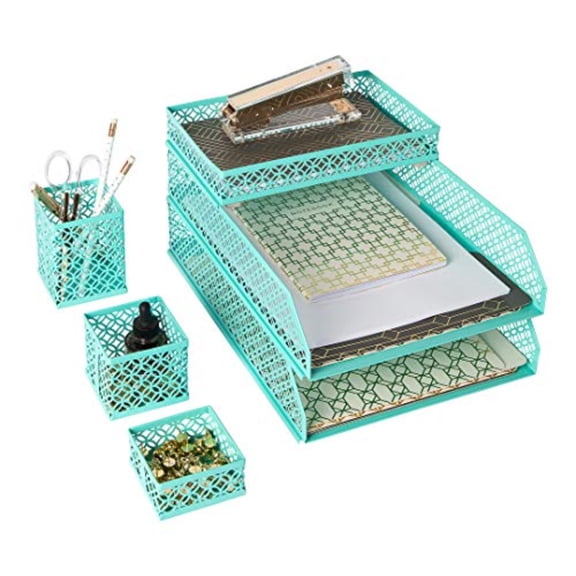 Aqua Desk Organizer Set for Women 6 Piece Mail Sorter Organizer Countertop with Letter Sorter for Desk Standing File Organizer with Mesh Pen Holders