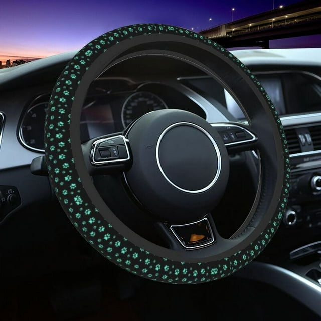 Aqua Dog Paw Print Cute Steering Wheel Covers Universal Puppy Animal Lover Soft Steering Wheel Protector for SUV Car Accessories