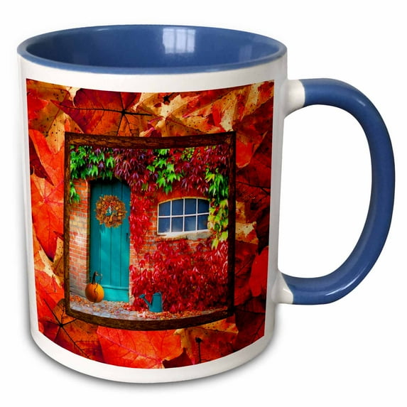 3drose, Aqua Door, Pumpkin, Watering Can, Window with Leaves, Autumn Colors, 15oz Two-tone Blue Mug