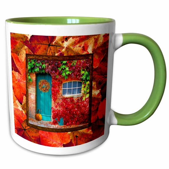 3drose, Aqua Door, Pumpkin, Watering Can, Window with Leaves, Autumn Colors, 15oz Two-tone Green Mug