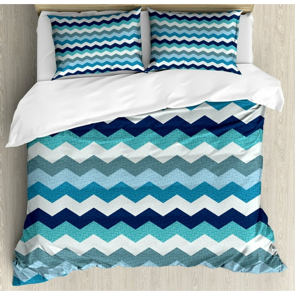 Aqua Duvet Cover Set King Size, Retro Vintage Chevron Geometrical Zig Zag Stripes, Decorative 3 Piece Bedding Set with 2 Pillow Shams, Pale Blue Navy Blue and Seafoam, by Ambesonne