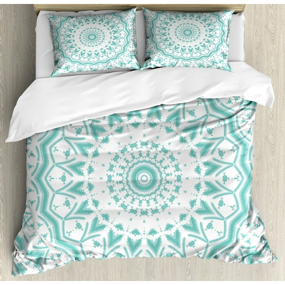 Aqua Duvet Cover Set, Mandala Tie Dye Effect Floral Leaves Seem Design Image Art Print, Decorative 3 Piece Bedding Set with 2 Pillow Shams, Queen Size, Sea Green White, by Ambesonne