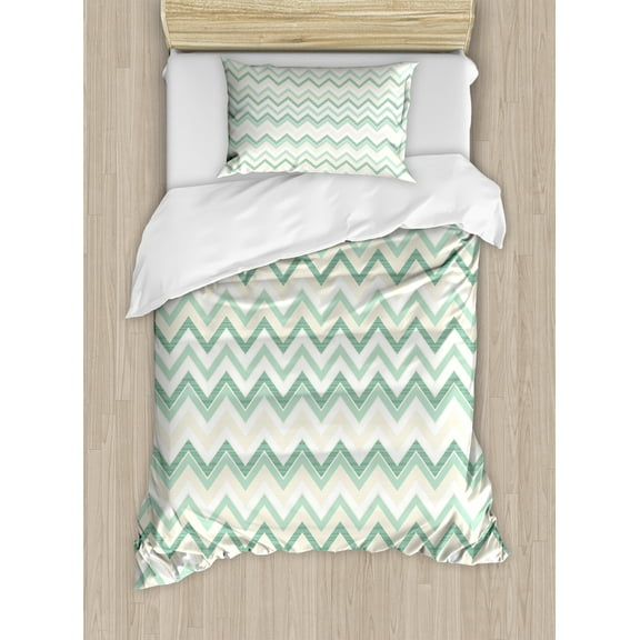 Aqua Duvet Cover Set, Sketchy Blurry Abstract Zig Zag Chevron Shapes Retro Beige, Decorative 2 Piece Bedding Set with 1 Pillow Shams, Twin Size, Petrol Blue Turquoise, by Ambesonne