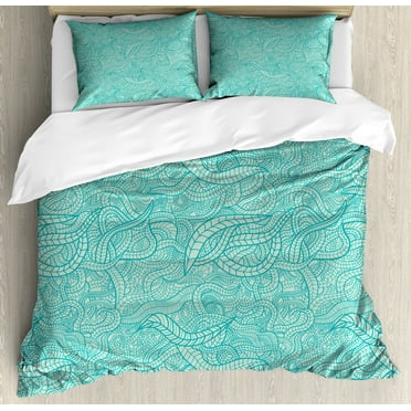 Aqua Duvet Cover Set, Vintage Botanic Nature Leaves Veins Swirls Ivy Mosaic Inspired Image Print, Decorative 3 Piece Bedding Set with 2 Pillow Shams, King Size, Turquoise and White, by Ambesonne