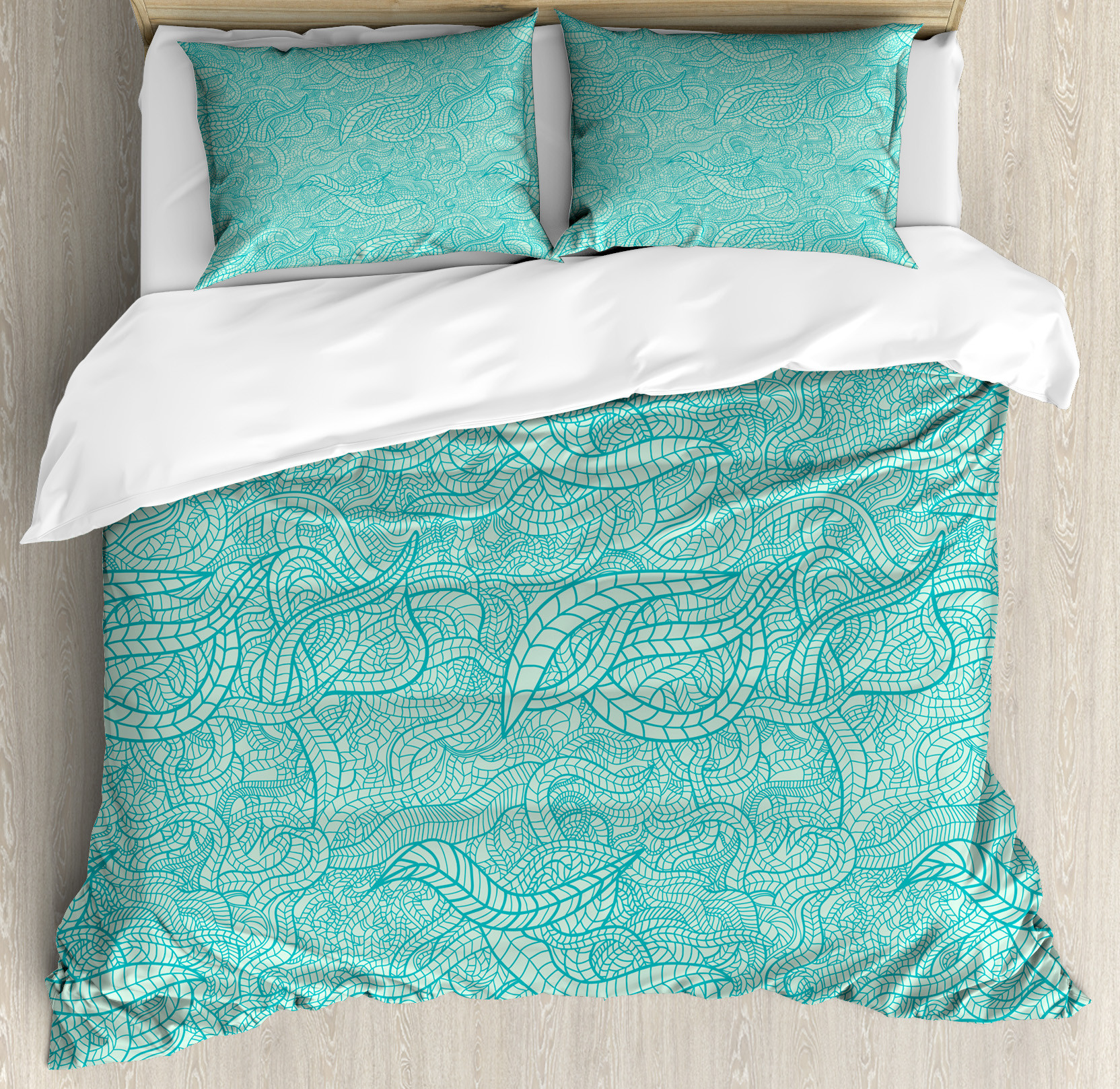 Aqua Duvet Cover Set, Vintage Botanic Nature Leaves Veins Swirls Ivy