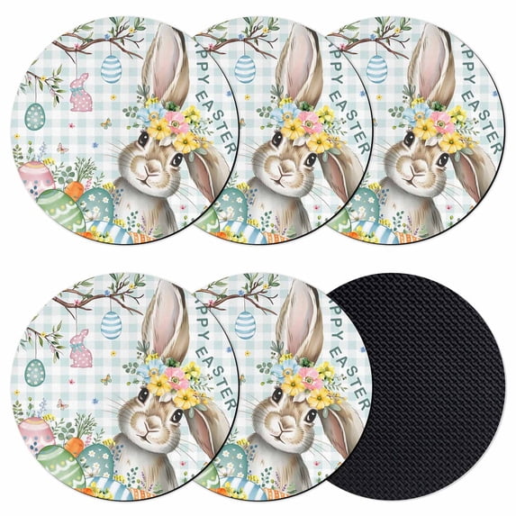 Aqua Easter Bunny Coasters Set of 6, Absorbent Coasters for Drinks, Spring Easter Eggs Floral Buffalo Plaid Coaster for Desk Coffee Table Protection, Home Decor House Warming Gifts 4"