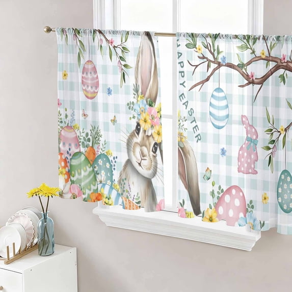 Aqua Easter Bunny Sheer Curtains 54 Inch Length 2 Panels Set Window Treatments, Spring Easter Eggs Floral Buffalo Plaid Rod Pocket Semi Curtains for Living Room/Bedroom/Kitchen Décor, 104"W x 54"L