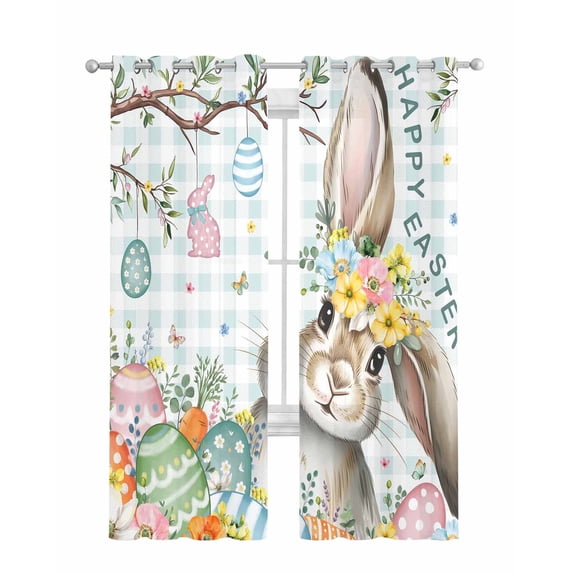 Aqua Easter Bunny Sheer Curtains 84 Inch Length 2 Panels Set for Living Room/Bedroom, Spring Easter Eggs Floral Buffalo Plaid Kitchen Curtains Grommet Semi-Sheer Curtains Window Treatments 42"x84"x2