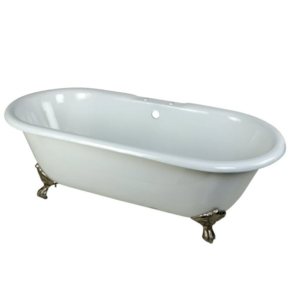 Aqua Eden 66" Cast Iron Clawfoot Tub Double Ended with 7-Inch Faucet Drillings and Feet, White/Brushed Nickel