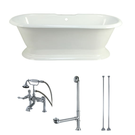 Aqua Eden 72-Inch Cast Iron Pedestal Tub with Faucet Drain and Supply Lines Combo, White/Polished Chrome