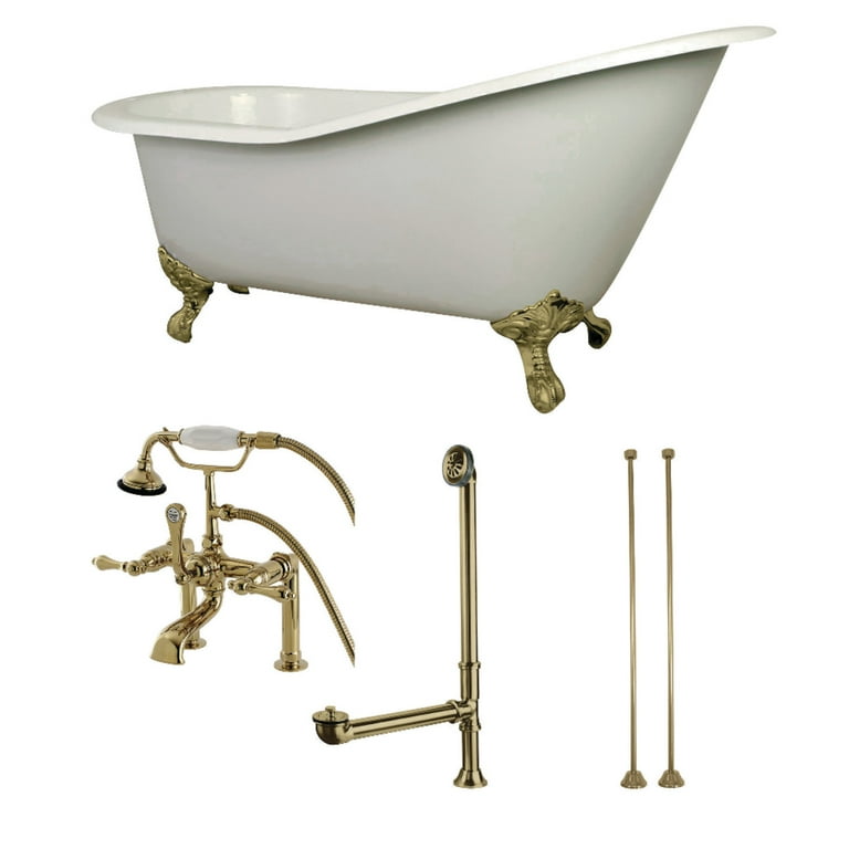 Slipper 62 in. Cast Iron Clawfoot Bathtub in White with Faucet Combo in Polished Brass Slipper 62 in. Cast Iron Clawfoot Bathtub in White with Faucet Combo in Polished Brass