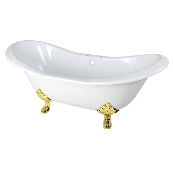 Aqua Eden VCT7D7231NC2 72-Inch Cast Iron Oval Double Slipper Clawfoot Tub (7-Inch Faucet Drillings) in White/Polished Brass