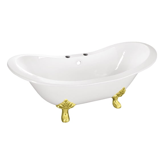 Aqua Eden VCT7DS6130NC2 61" Cast Iron Oval Double Slipper Clawfoot Tub (7" Faucet Drillings), White/Polished Brass