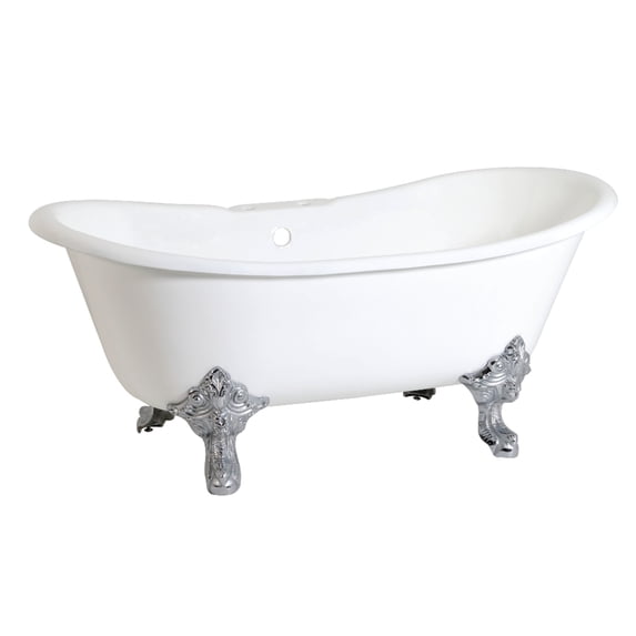 Aqua Eden VCT7DS6731NL1 67-Inch Cast Iron Oval Double Slipper Clawfoot Tub (7-Inch Faucet Drillings) in White/Polished Chrome