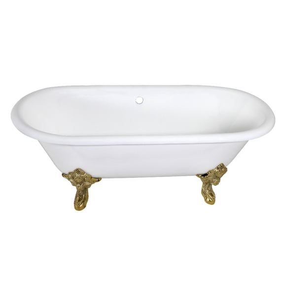 Aqua Eden VCTDE7232NL2 72-Inch Cast Iron Oval Double Ended Clawfoot Tub (No Faucet Drillings) in White/Polished Brass