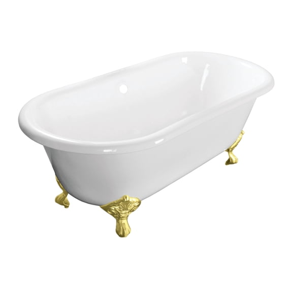 Aqua Eden VCTND603017NB2 60-Inch Cast Iron Oval Double Ended Clawfoot Tub (No Faucet Drillings) in White/Polished Brass