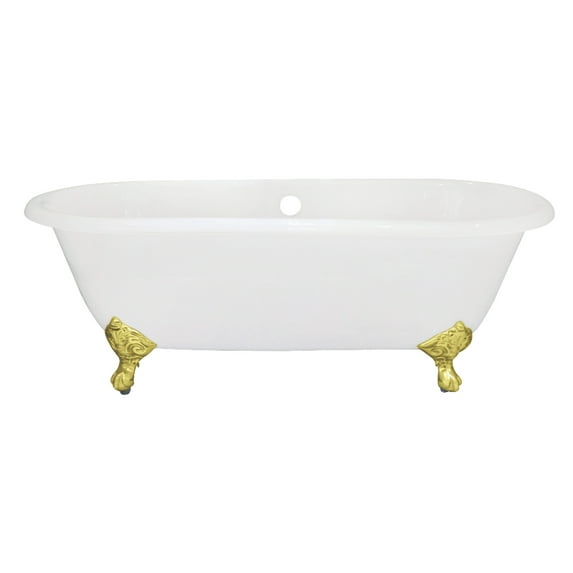 Aqua Eden VCTND663013NB2 66" Cast Iron Oval Double Ended Clawfoot Tub (No Faucet Drillings), White/Polished Brass