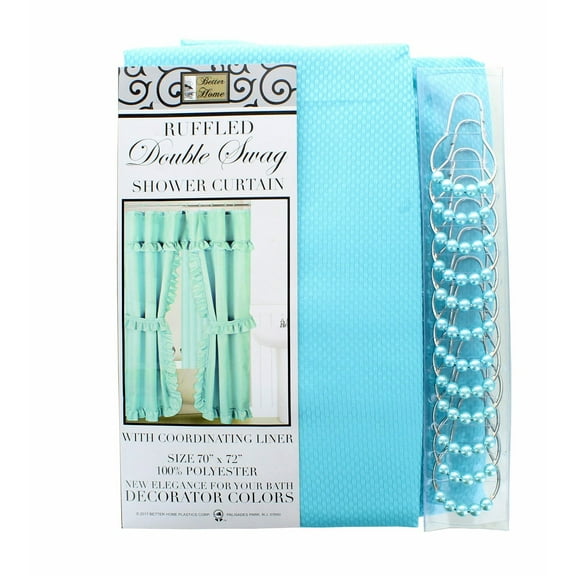 Aqua Elegance Double Swag Shower Curtain Set with Vinyl Liner & 12 Roller Rings